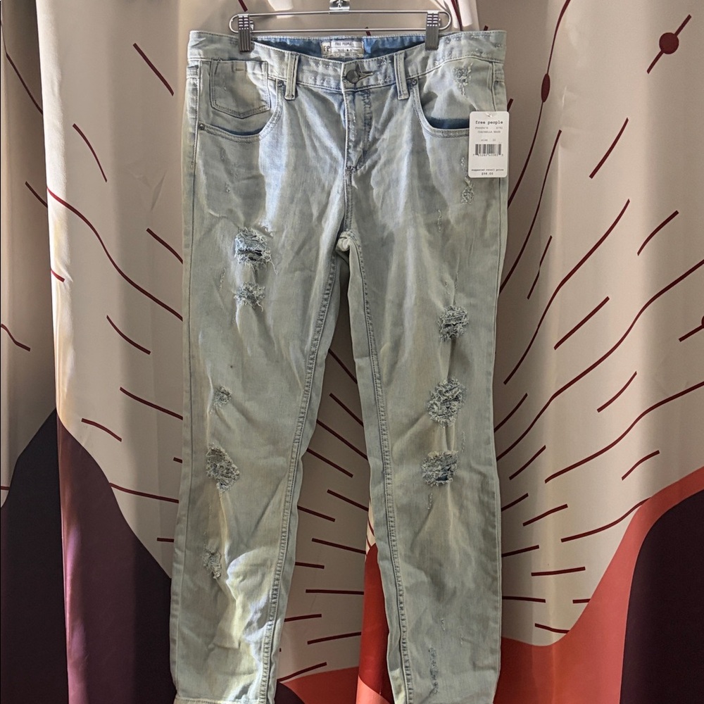 Free People Light Blue Distressed Straight Leg Jeans